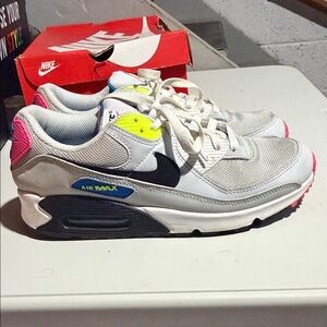 Nike Air Max 90’s White Black Gray Sneakers with Neon Yellow & Pink Accents